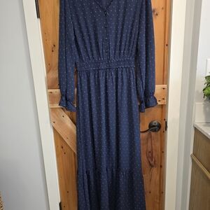 Long Sleeve Navy Maxi Dress with Smocked Waist